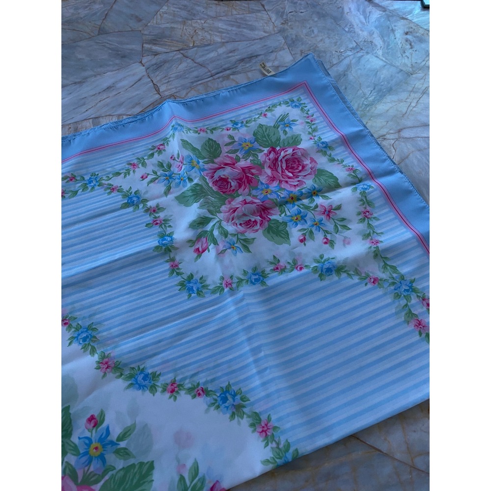 Vintage Avon Italy Floral Striped Square Scarf Light Blue Pink Roses